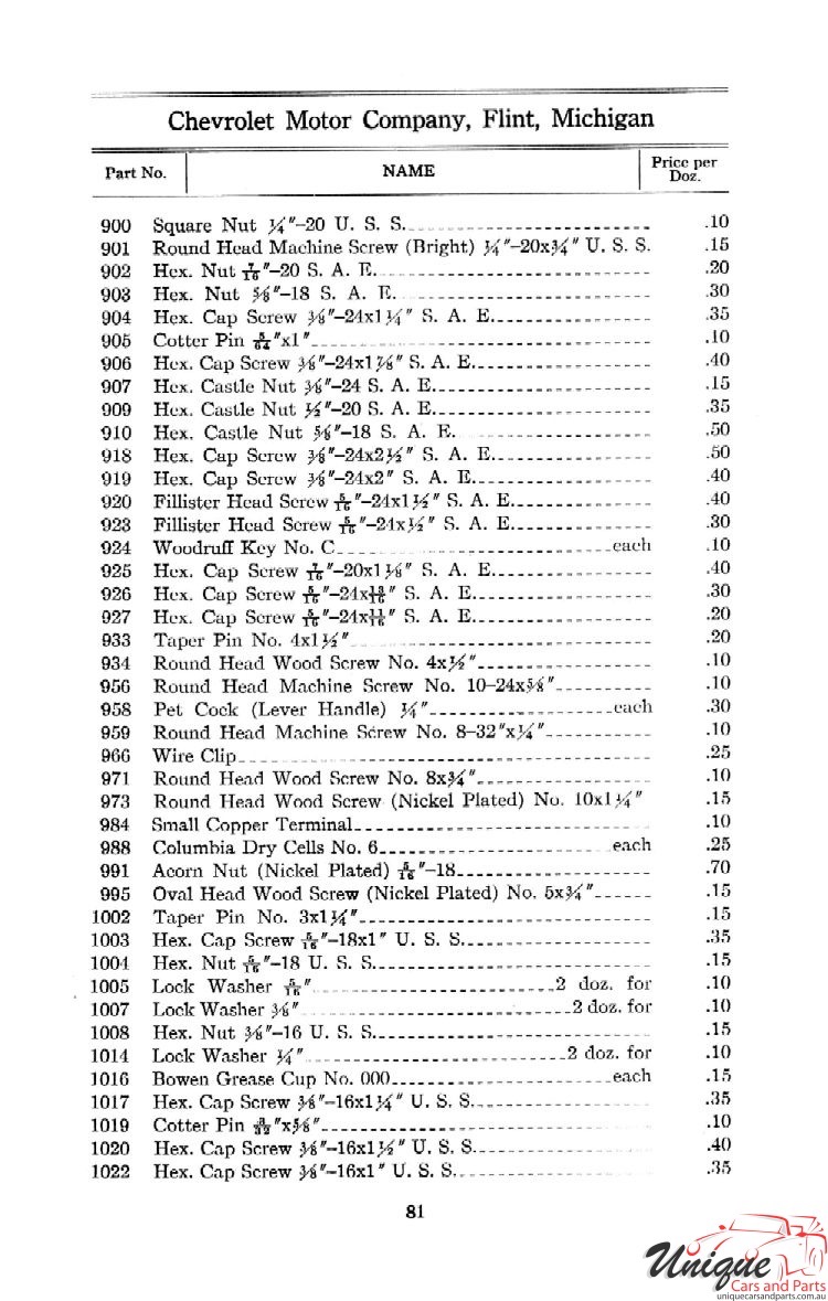 1912 Chevrolet Light and Little Six Parts Price List Page 80